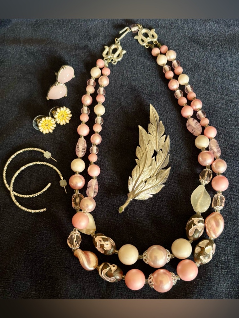 Vintage Pink Satin Glass Multi-Strand Necklace & Mixed Jewelry Lot